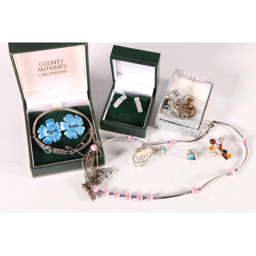 628 - Group of silver and white metal jewellery including gypsum bead necklace, enamel flowerhead earrings... 