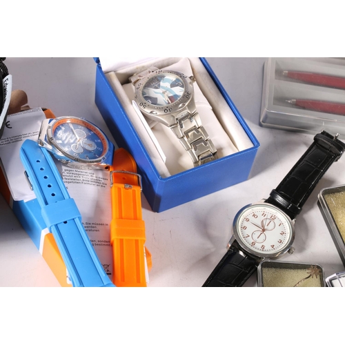 630 - Quantity of gentleman's watches, also pens, flask, pins, badges, etc.