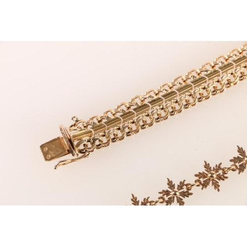 642 - 9ct gold bracelet with snowflake panels, 17cm, 8.2g, and another marked 79. 