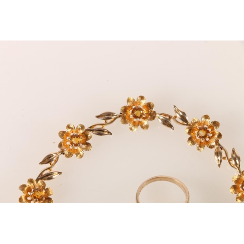 645 - 9ct gold flower head necklace 16cm, with matching ring size K, both set with citrines, 14.7g gross.&... 