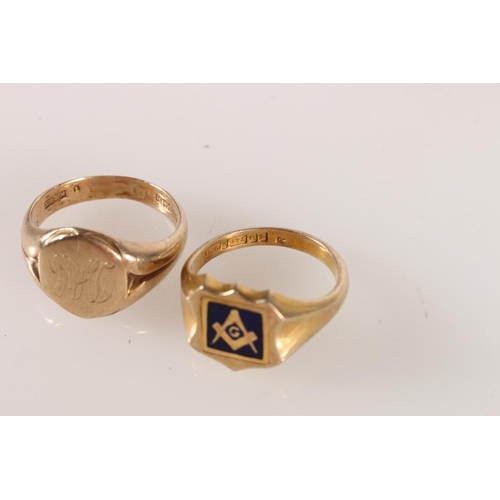 648 - Two 9ct gold rings, one signet the other with masonic swivel panel, size R, 13.6g. 