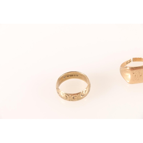 676 - Three 9ct gold rings to include wedding band size L, gem set sing, and signet ring, 10.2g gross.