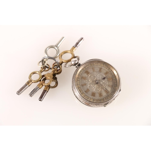 678 - Continental silver cased key wound fob watch with engraved dial, 4cm.