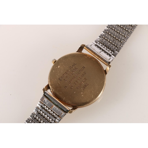 693 - 9ct gold cased Mappin and Webb wristwatch with dedication verso dated 1985, on stainless steel strap... 