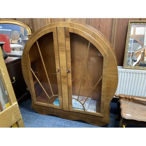 769 - Art Deco walnut sunburst style display cabinet, 128 x 120 x 35cm.