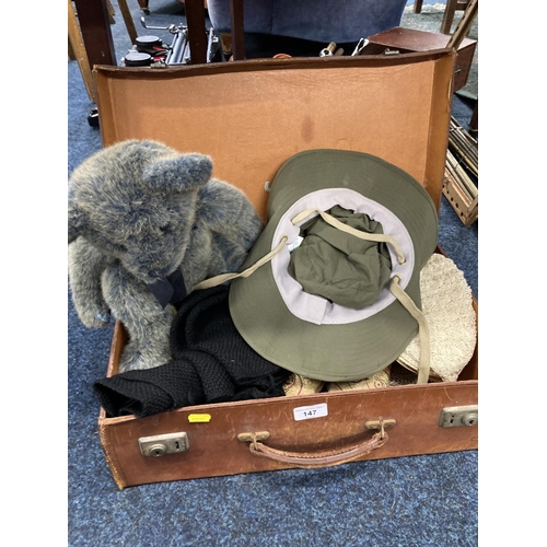 147 - Vintage traveling case with teddy bear, hat, shoes, etc. 