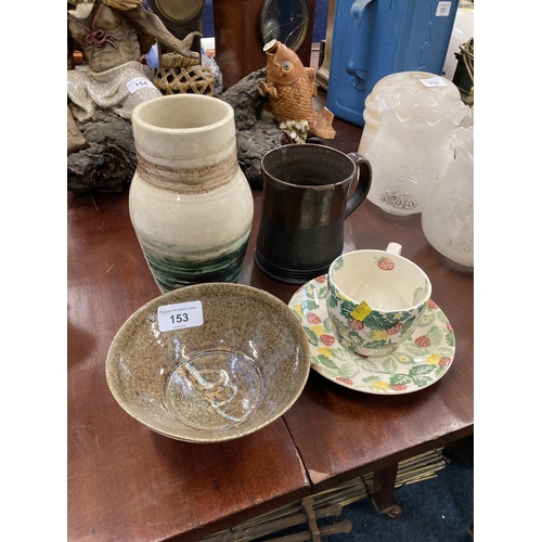 153 - Studio pottery vase, 20cm, bowl, mug, and a Bridgewater cup and saucer. 