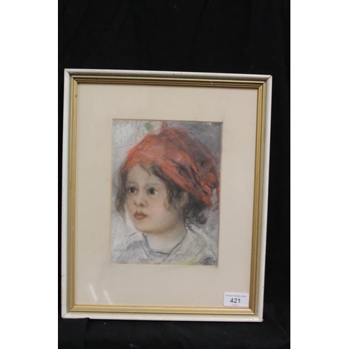 421 - 20TH CENTURY SCHOOL, bust-length portrait of a young boy wearing red headdress, mixed media, 21cm x ... 