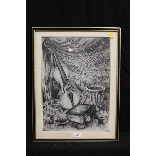 440 - ALAN M BENNETT, still life with violin, cigar, pocket watch etc., pencil drawing, signed lower right... 