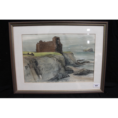 444 - DOROTHY BRUCE, Tantallon Castle North Berwick, ink and wash, pencil signed lower right, 26cm x 39cm.