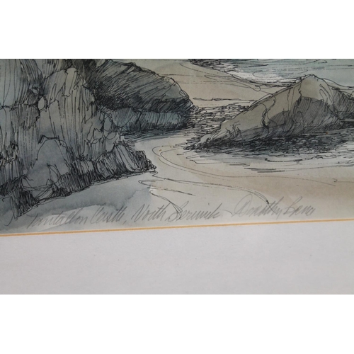 444 - DOROTHY BRUCE, Tantallon Castle North Berwick, ink and wash, pencil signed lower right, 26cm x 39cm.