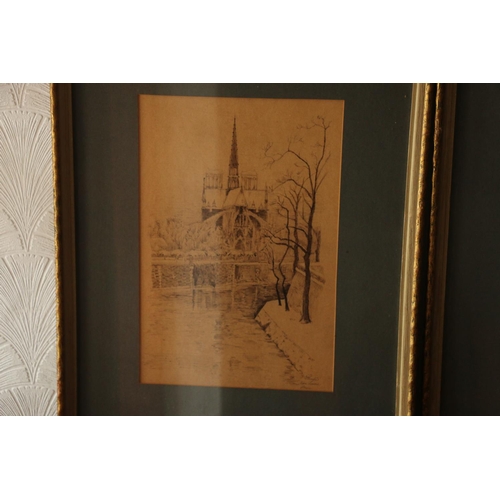 458 - 20TH CENTURY SCHOOL, two views of Paris, pencil drawings, signed indistinctly, 32cm x 21cm, frame 52... 