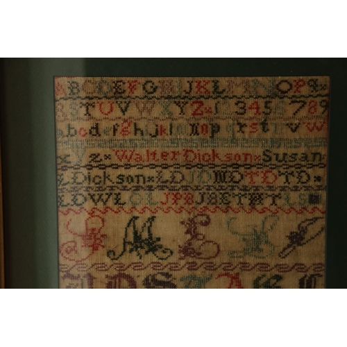 459 - 19th century needlework sampler executed by Grace Dickson aged 12 1863, 43cm x 29cm, frame 62cm x 47... 