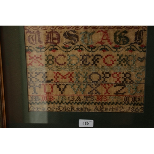 459 - 19th century needlework sampler executed by Grace Dickson aged 12 1863, 43cm x 29cm, frame 62cm x 47... 