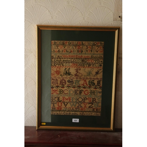 459 - 19th century needlework sampler executed by Grace Dickson aged 12 1863, 43cm x 29cm, frame 62cm x 47... 