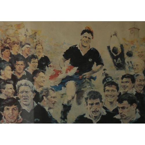 483 - RONNIE BROWNE of The Corries, Underdog Rampant, Scottish Rugby print, pencil signed lower right, 43c... 