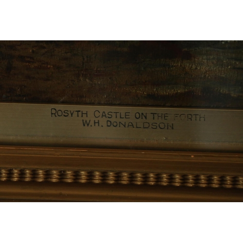 487 - WILLIAM H DONALDSON, Rosyth Castle on the Forth, oil painting, attributed and titled to mount, 30cm ... 