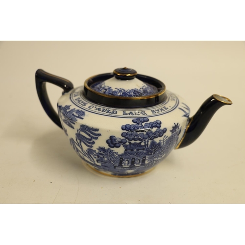 168 - Royal Doulton Auld Lang Syne Tak A Cup O Kindness Burns Willow pattern teapot.