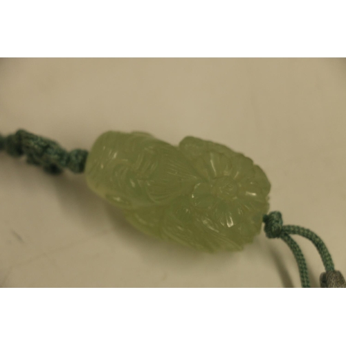 503 - Chinese jade coloured glass pendant in the form of a god, a Chinese mother-of-pearl and white metal ... 