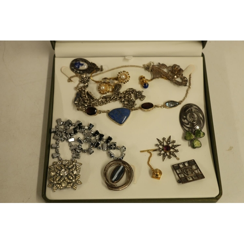 545 - Costume jewellery brooches including a silver brooch in the style of Charles Rennie MacIntosh, a Mal... 