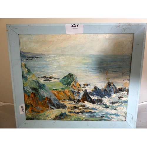 257 - Doris E Luxton seascape oil on board Devon coastline.