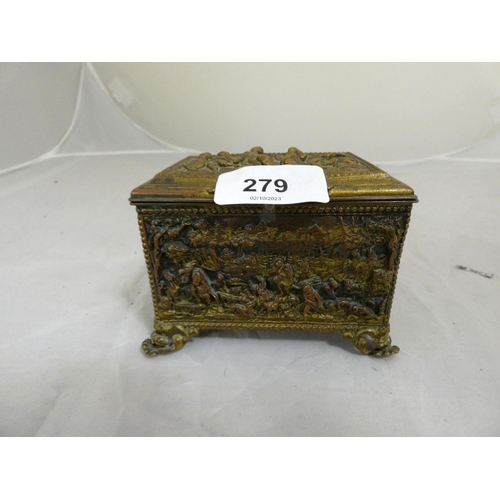 279 - Gilt embossed antique bronze trinket box cushion inlay by T E Paris.