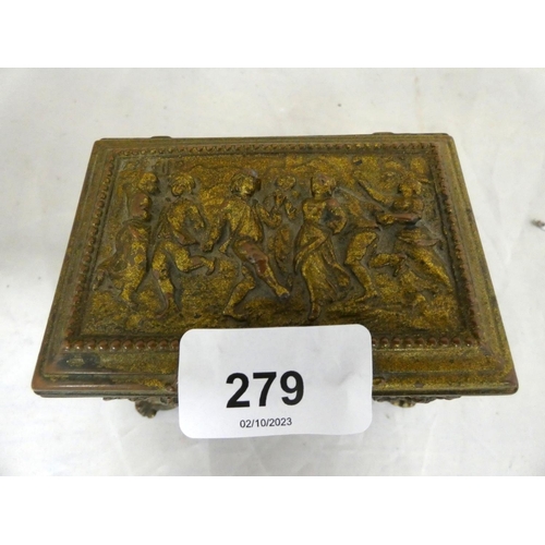 279 - Gilt embossed antique bronze trinket box cushion inlay by T E Paris.