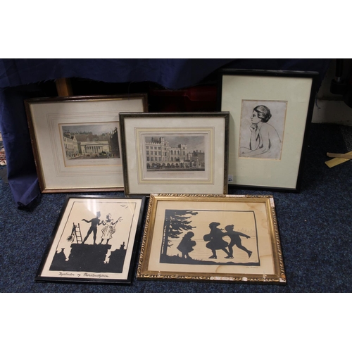 263 - Silhouettes, two prints to include Edinburgh and London, and an etching of lady in profile, etc.&nbs... 