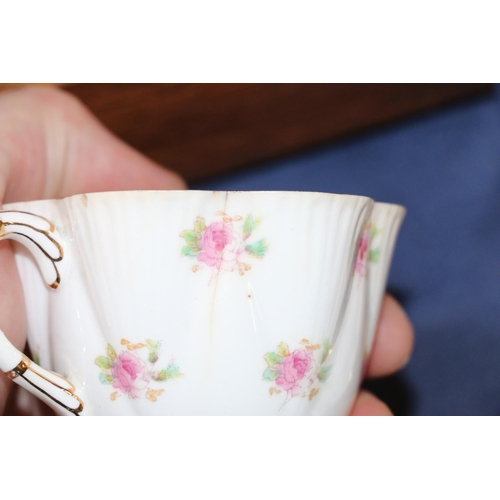 111 - Six Foley china cups, saucers, plates, a milk jug and a teapot, 11cm.