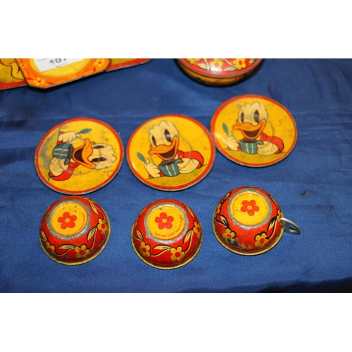 107 - Tin plate Mickey Mouse tea set, Happy Nak series, tray, 14 x 11cm.