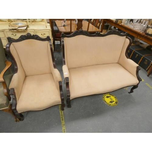 487 - Cream and mahogany antique Regency style parlour suite (two seater sofa and chair). A/F