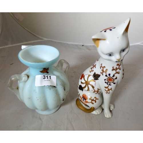 311 - Imari style cat and a coloured glass twin handled vase.