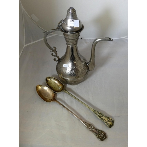 320 - Large pewter middle Eastern water pot and two large epns serving spoons.