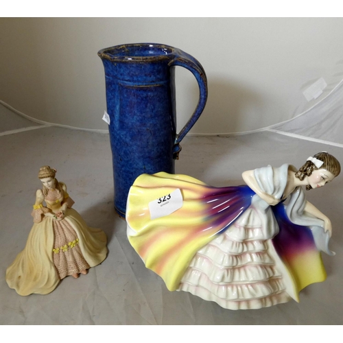 323 - Royal Doulton Lauren figure HN3290 and Coalport Beau Monde Kate figurine and studio pottery.