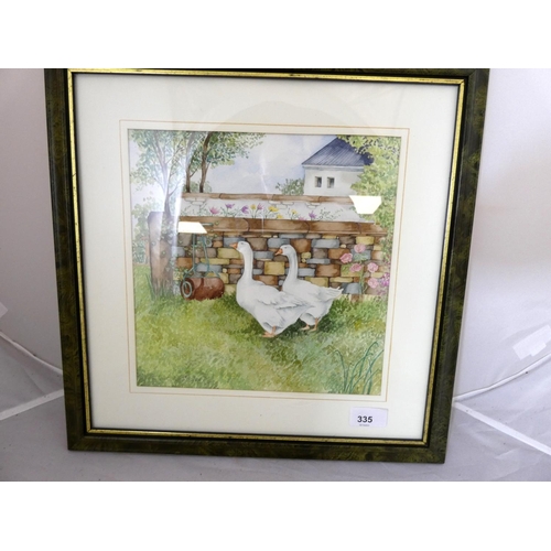 335 - Claire Sutherland.Geese in a garden.Signed, watercolour.