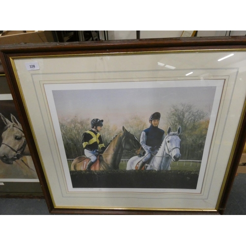 338 - Two large horse racing prints to include three kings and signed Maxine Cox limited edition print.