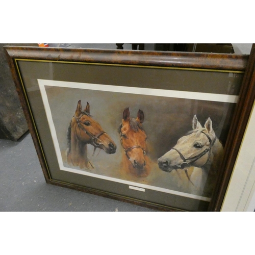 338 - Two large horse racing prints to include three kings and signed Maxine Cox limited edition print.