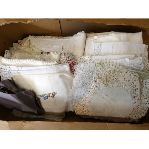 350 - Two boxes of vintage linens to include table cloth etc.