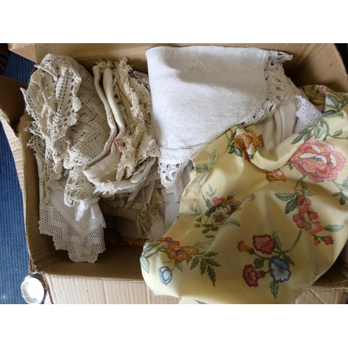 350 - Two boxes of vintage linens to include table cloth etc.