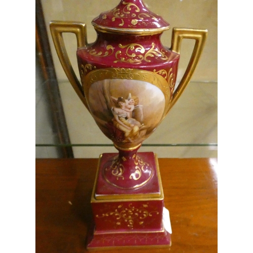 372 - Vienna style lidded urn lady and shrub printed on.