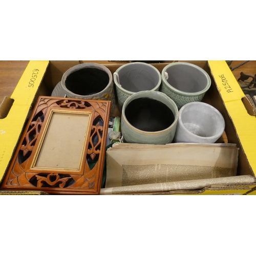 396 - Large box of various to include vintage papers, planters, picture frame etc.