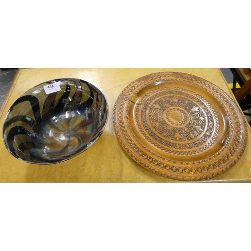 444 - Large Studio Pottery bowl and treen plaque.