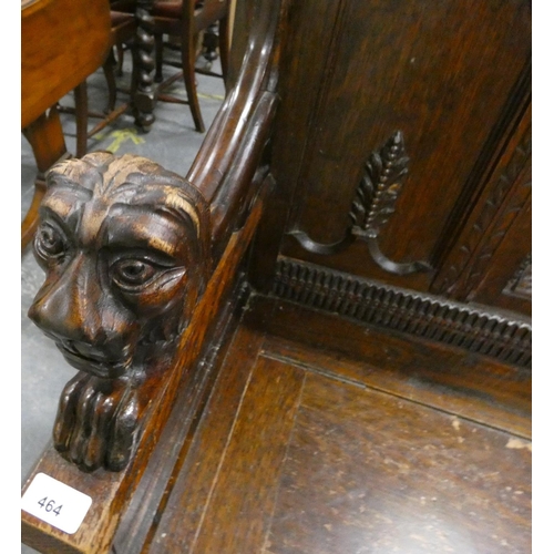 464 - Vintage oak monks bench with ornate carved lions for arms.