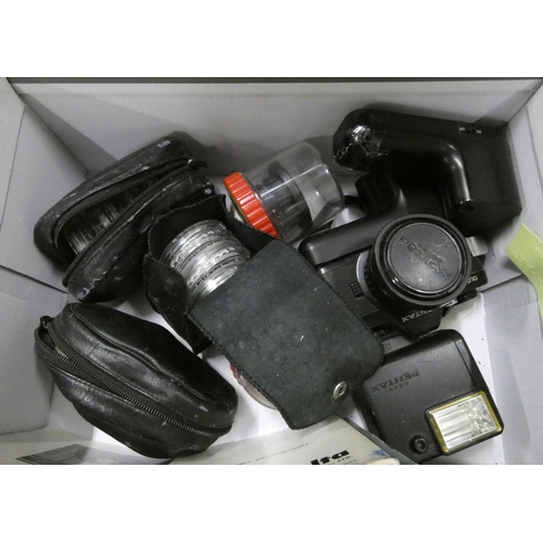 503 - Box of camera items including Pentax 110 and Minolta.