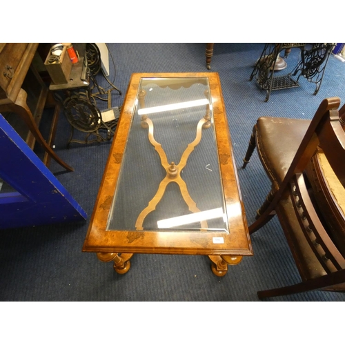 516 - Glass top modern walnut coffee table.