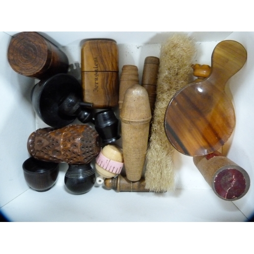 20 - Collection of treen, horn beakers, Metropolitan whistle, Mauchline ware needle case depicting Nantwi... 