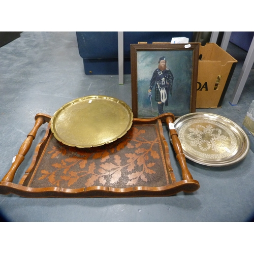 37 - Pokerwork tray, EP salver, brass tray and a portrait of a Highlander.