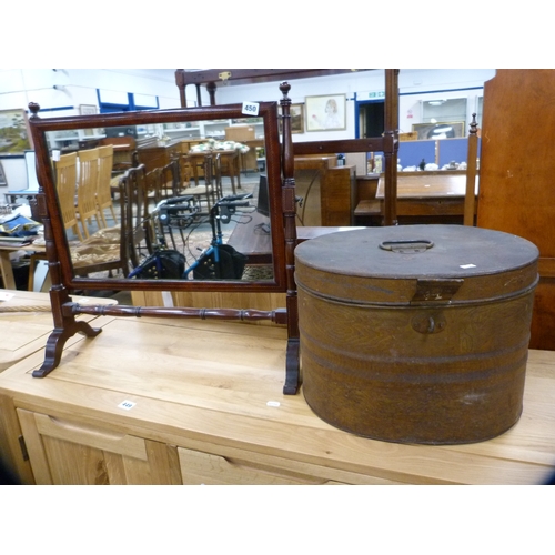 450 - Inlaid mahogany dressing table mirror and a metal hat box.  (2)