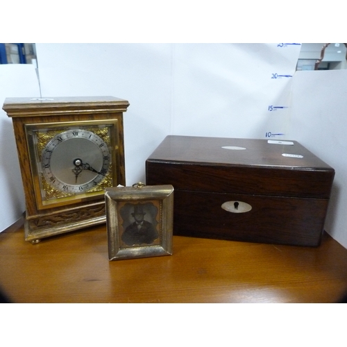 5 - Victorian mother of pearl inlaid work box, an Elliot of London mantel clock and a daguerreotype.  (3... 