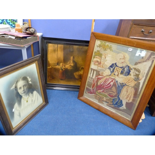 521 - Framed tapestry, photograph of a girl and a picture of a mother and children.  (3)